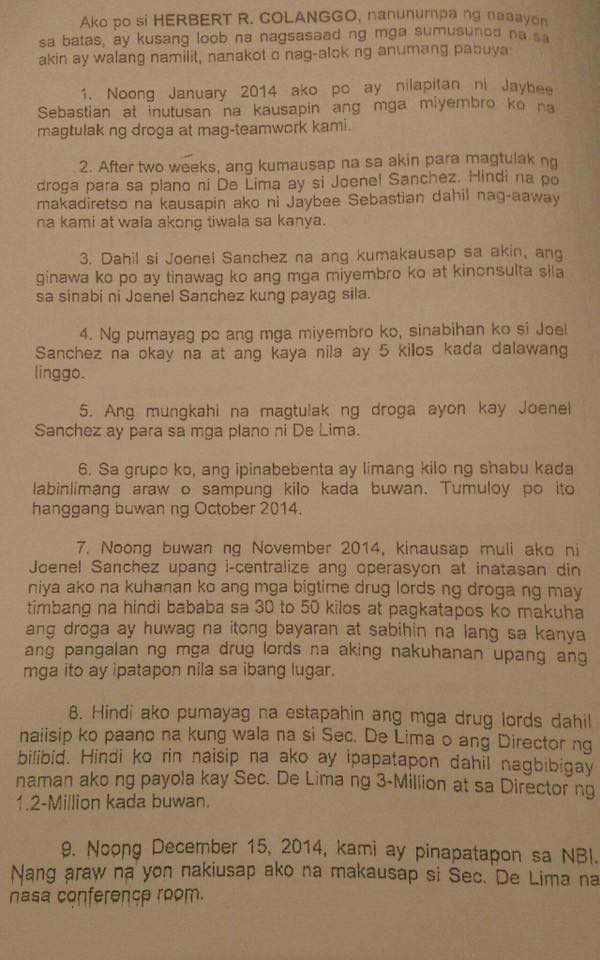 Sworn Affidavit of Herbert Colangco about De lima's connection on BILIBID.