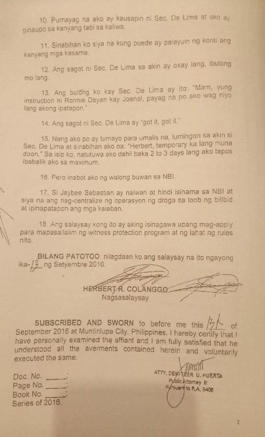 Sworn Affidavit of Herbert Colangco about De lima's connection on BILIBID.
