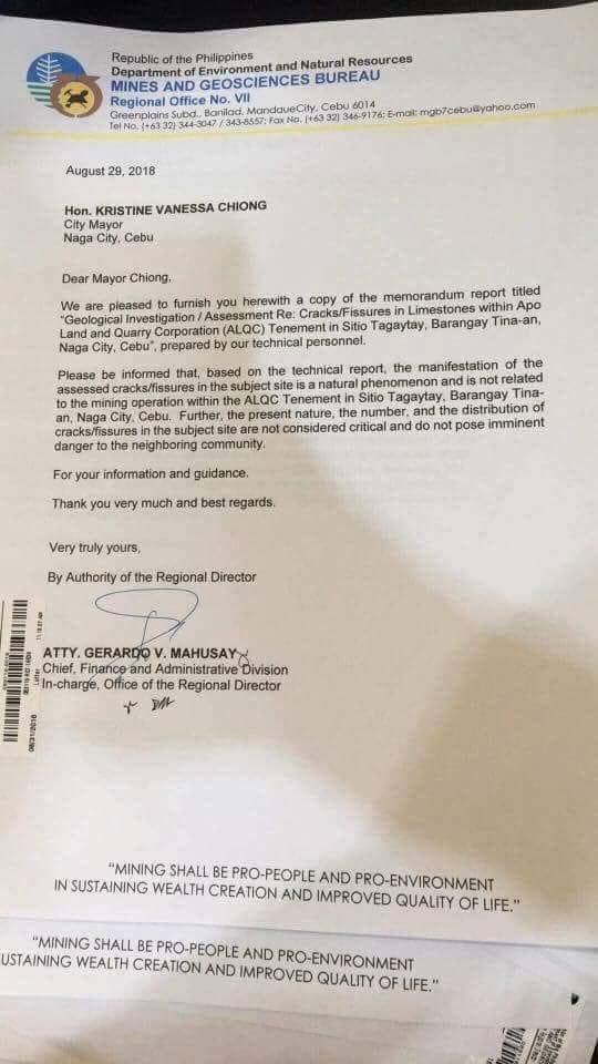 Memorandum letter from Department of Environmental and Natural Resources Mines and Geosciences Bureau Region 7, last August 29, 2018 