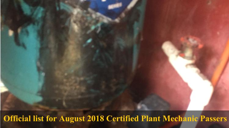 List of August 2018 Certified Plant Mechanic Passers