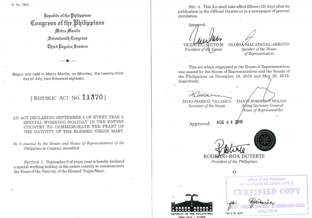 Malacanang declares September 8 of every year a Special Working Holiday 'RA 11370'