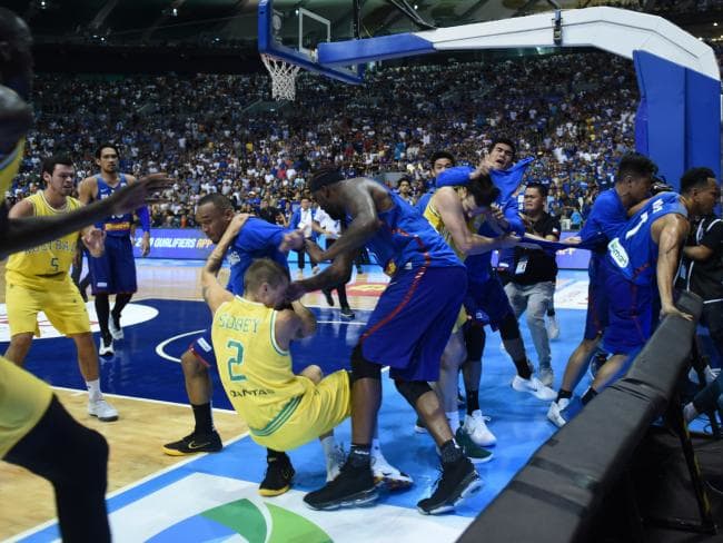 Philippines players, coaches and supporters attack Australian players. Picture: GettySource:Getty Images